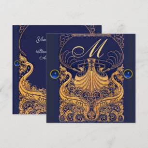 Invitation Vase Antique,Dauphins,Or,Monogramme Bleu Marine