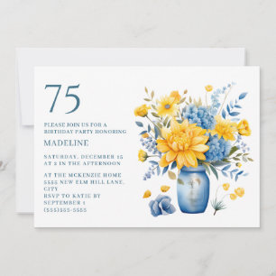 Invitation Vase Fleurs Jaunes Bleues 75e Anniversaire