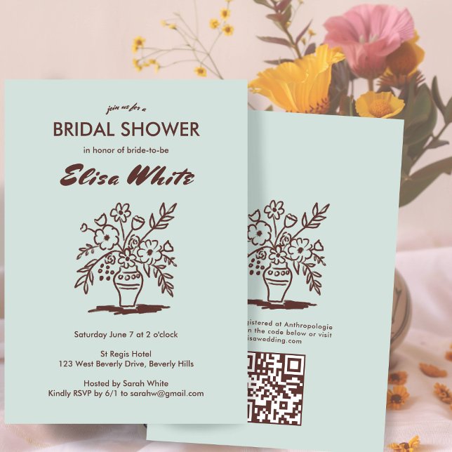 Invitation Vase florale Rustique Whimsical QR Code Fête des m (Floral Vase Rustic Whimsical Custom QR Code Bridal Shower Invitation Earthy Neutrals Sage
)