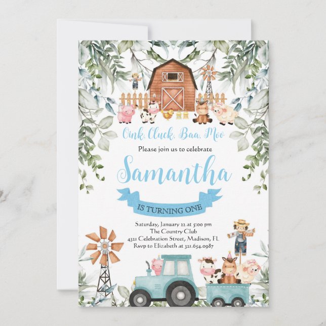 Invitation Végétal Animaux de ferme Barnyard Blue Boy Anniver (Devant)