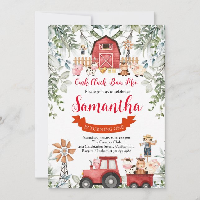 Invitation Végétal Animaux de ferme Barnyard Red Boy Annivers (Devant)