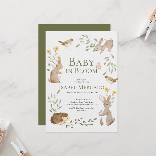 Invitation Végétal animaux de la forêt bois Bébé en fleurs (Devant/Arrière en situation)