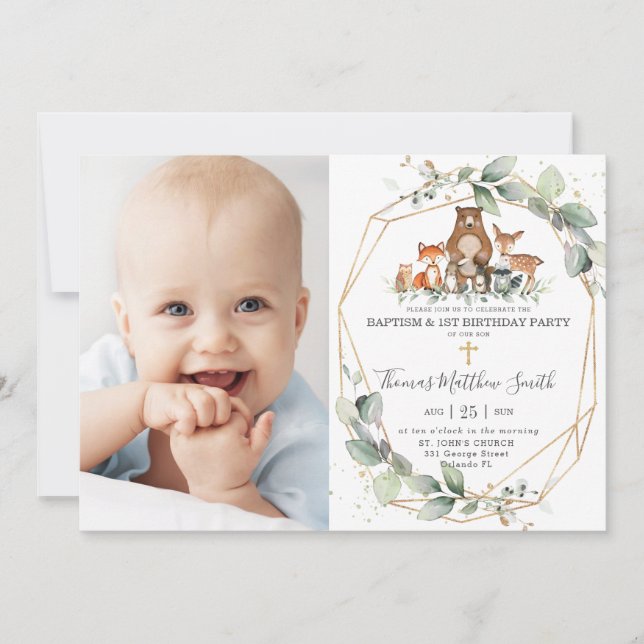 Invitation Végétal Bois Animaux Baptême & 1er Anniversaire (Devant)