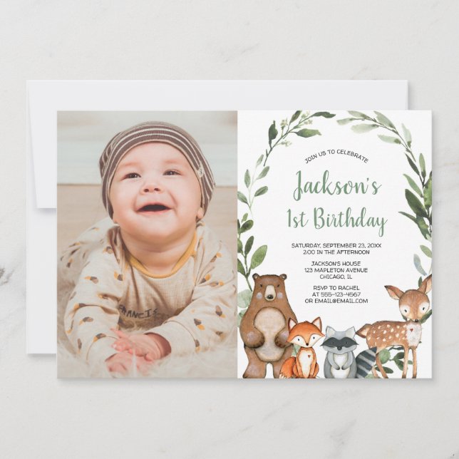 Invitation Végétal boisé animal garçon 1er anniversaire photo (Devant)