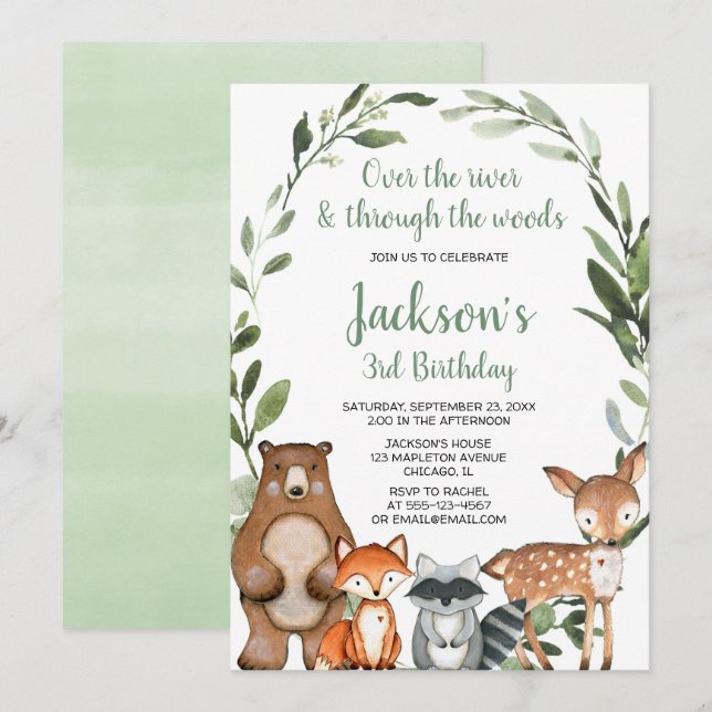 Invitation Végétal boisé animaux garçon fête d'anniversaire f (Devant / Derrière)