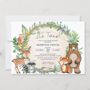 Invitation Végétal Floral Bois Animaux Jumeaux Baby shower