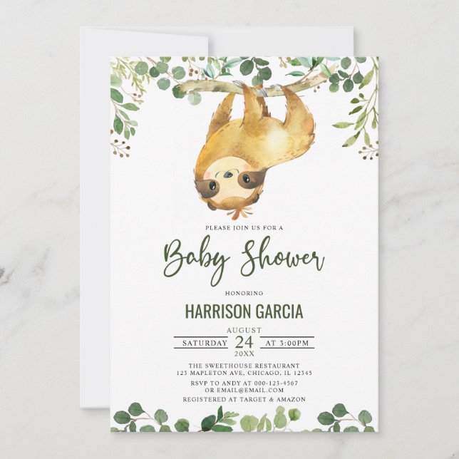 Invitation Végétal Floral mignonne Sloth Baby shower Invitati (Devant)