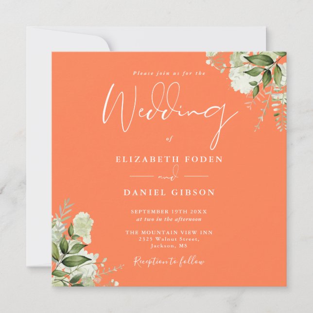 Invitation Végétal Floral Photo Coral Carré Mariage (Devant)