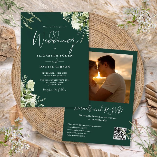 Invitation Végétal QR Code Photo Emerald Green Mariage (Greenery QR Code Photo Emerald Green Wedding Invitation)