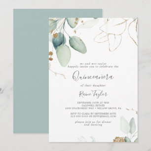 Invitation Végétation aérée et feuille d'or Quinceañera