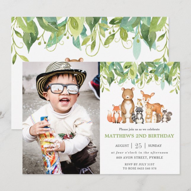 Invitation Végétation Bois Animaux Fête d'anniversaire Photo (Devant / Derrière)