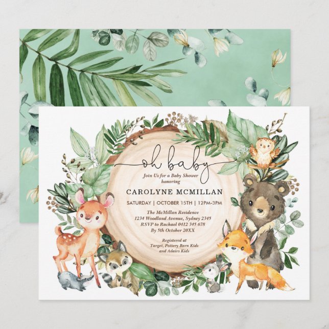 Invitation Végétation boisée Animaux Baby shower neutre (Devant / Derrière)