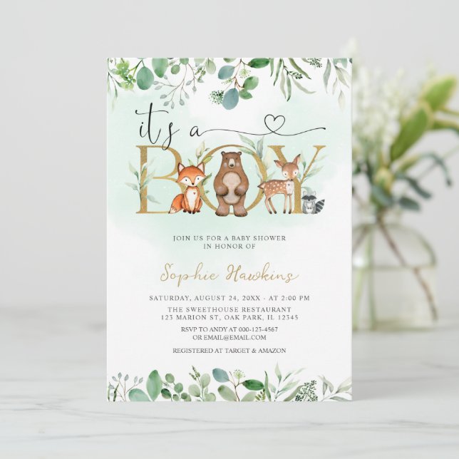 Invitation Végétation C'est un garçon Baby shower d'animaux d (Debout devant)