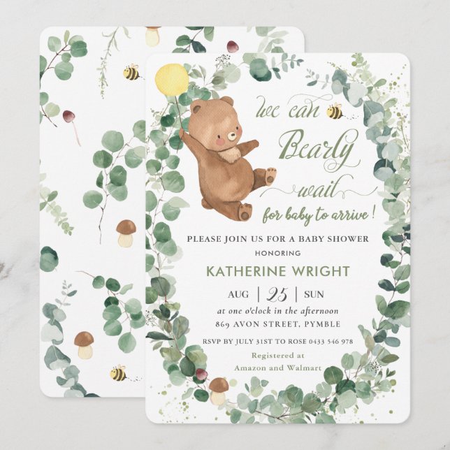 Invitation Végétation de l'ours mignonne Baby shower neutre p (Devant / Derrière)