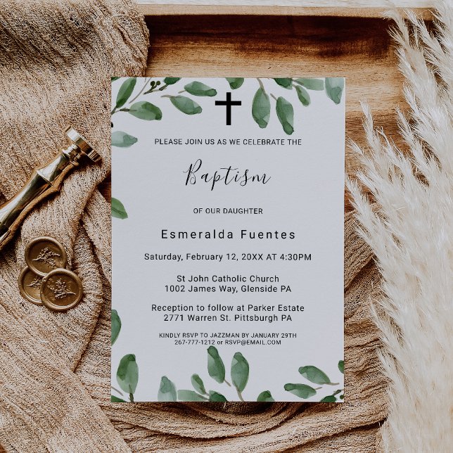 Invitation Végétation d'été Tropical Eucalyptus Cross Baptism (Créateur téléchargé)