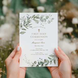 Invitation Végétation d'eucalyptus Première communion Religie