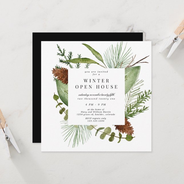 Invitation Végétation d'hiver Elégant Carré (Devant/Arrière en situation)