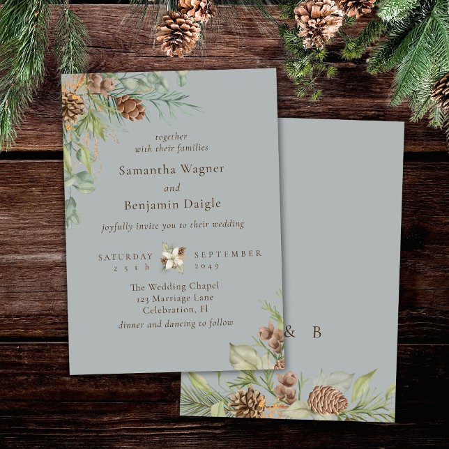 Invitation Végétation d'hiver Pine Grey Mariage élégant (Créateur téléchargé)