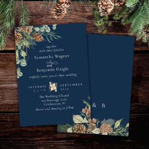 Invitation Végétation d'hiver Pine Marine Bleu Mariage élégan