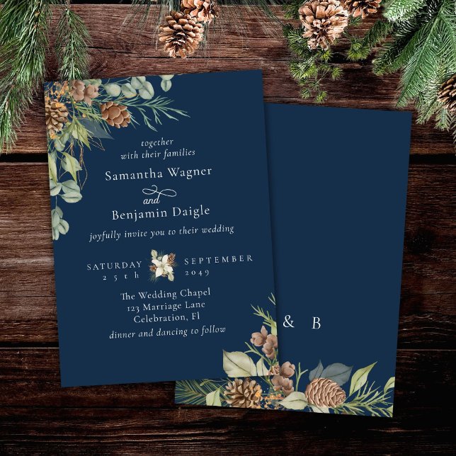 Invitation Végétation d'hiver Pine Marine Bleu Mariage élégan (Créateur téléchargé)