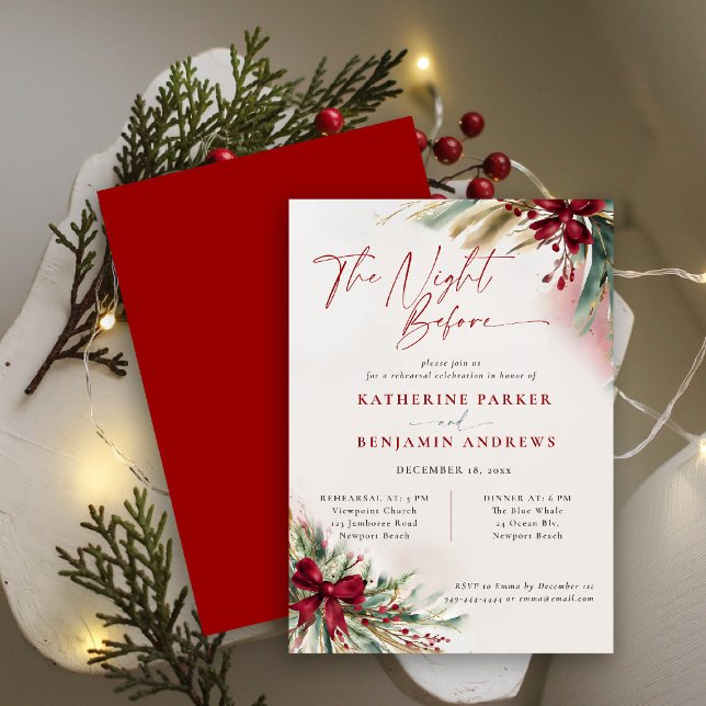 Invitation Végétation d'hiver Répétition Mariage de la Bow de (winter christmas wedding rehearsal dinner invitation greenery botanical berries red green watercolor)