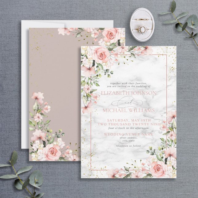 Invitation Végétation dorée Dusty rose Mariage floral Invi (Créateur téléchargé)
