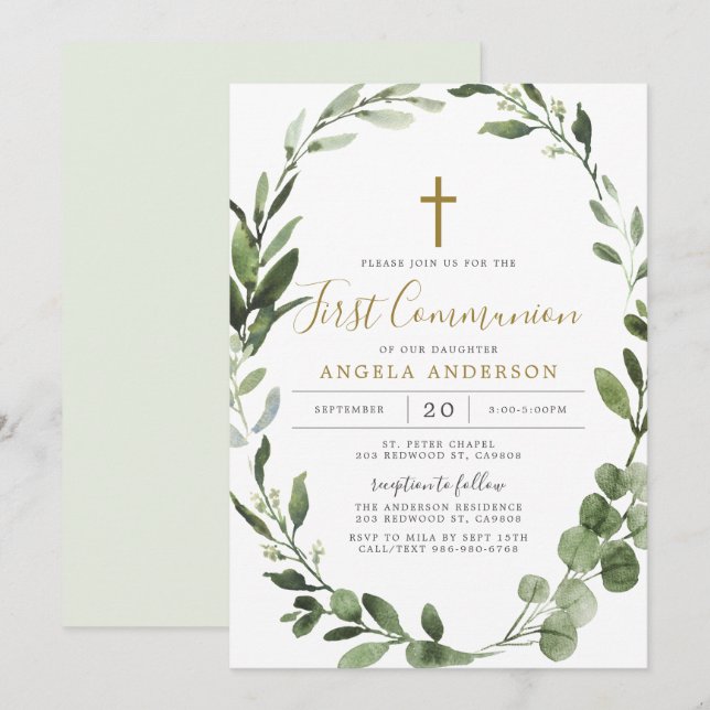 Invitation Végétation du feuillage Première communion Invitat (Devant / Derrière)