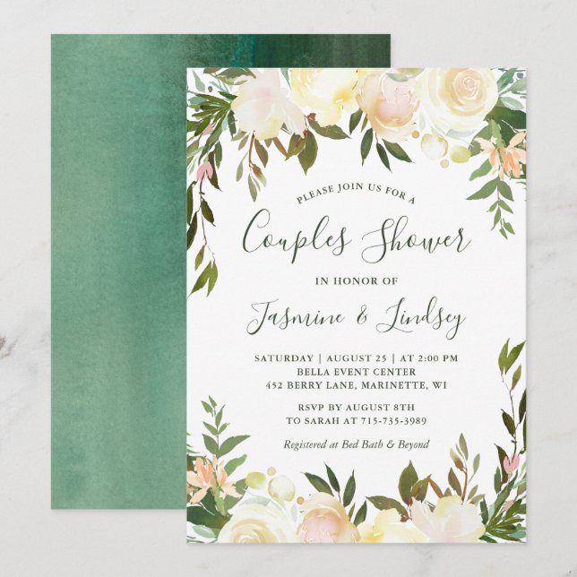 Invitation Végétation florale blanche en ivoire Mariage douch (Devant / Derrière)