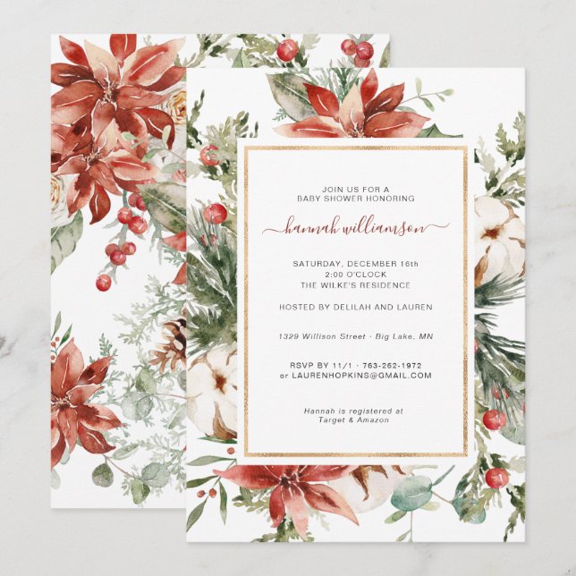 Invitation Végétation florale d'hiver | Baby shower de Noël (Devant / Derrière)
