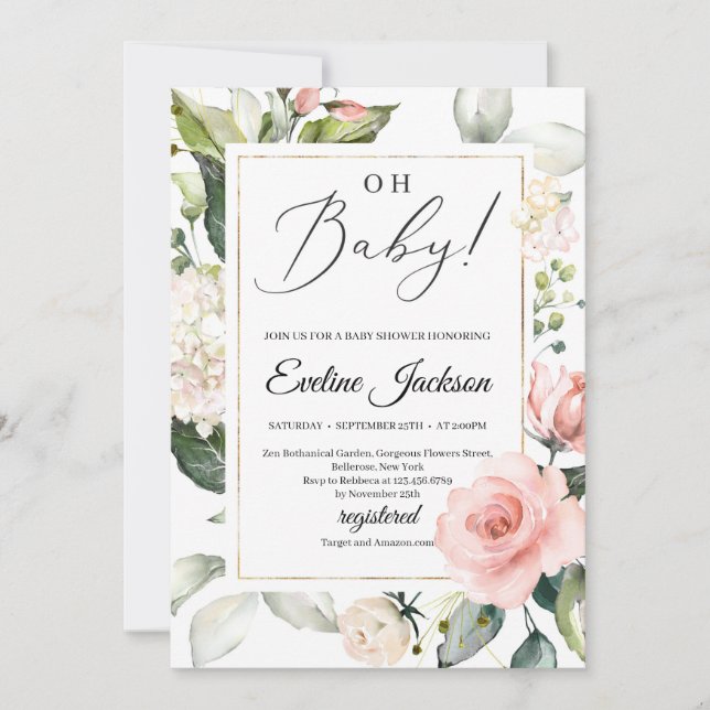 Invitation Végétation florale rose vif cadre or Oh Baby (Devant)