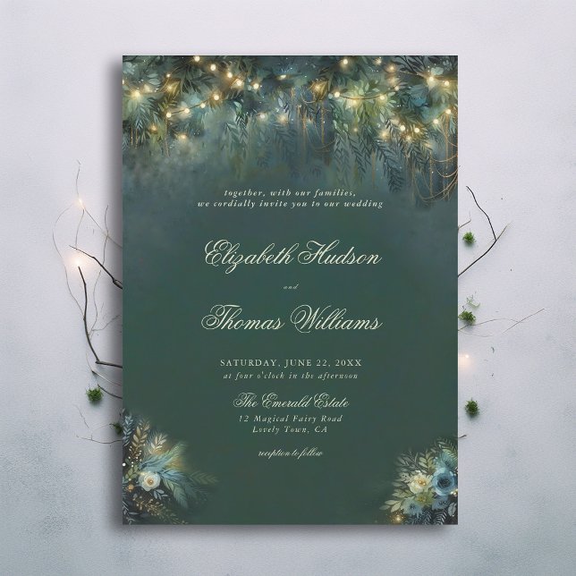 Invitation Végétation forestière enchantée Bois Mariage romai (enchanted forest woodland wedding invitation emerald hunter green gold magical bespoke calligraphy)