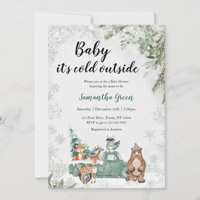 Invitation Végétation Hiver Baby shower boisé (Devant)