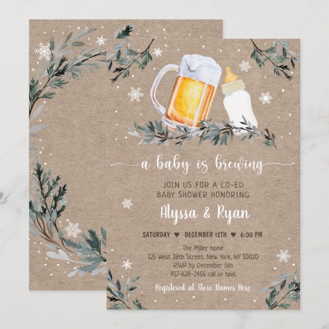 Invitation Végétation hivernale Bébé brasse Baby shower (Devant / Derrière)