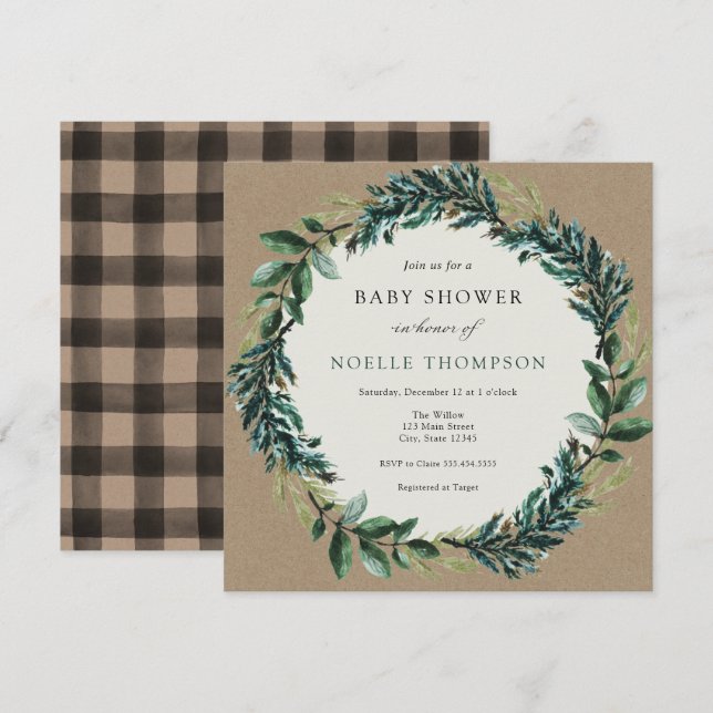 Invitation Végétation hivernale et Baby shower plaid Invitati (Devant / Derrière)