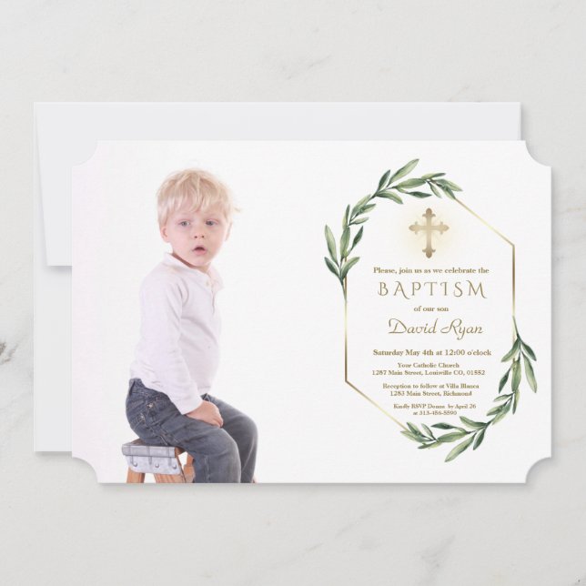 Invitation Végétation luxuriante Croix d'or Boy Photo Baptême (Devant)