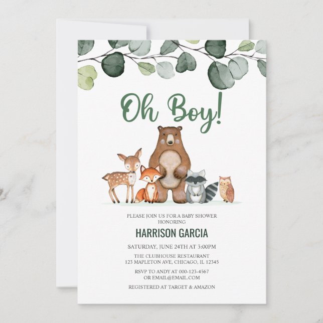 Invitation Végétation Oh Boy Bois Baby shower Animaux (Devant)