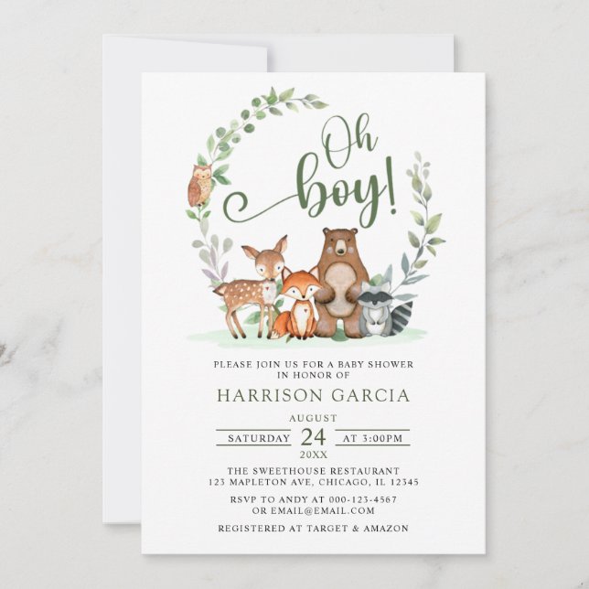 Invitation Végétation Oh Boy Bois Baby shower Animaux (Devant)