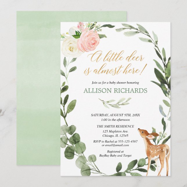 Invitation Végétation rose or petit cerf fille baby shower (Devant / Derrière)