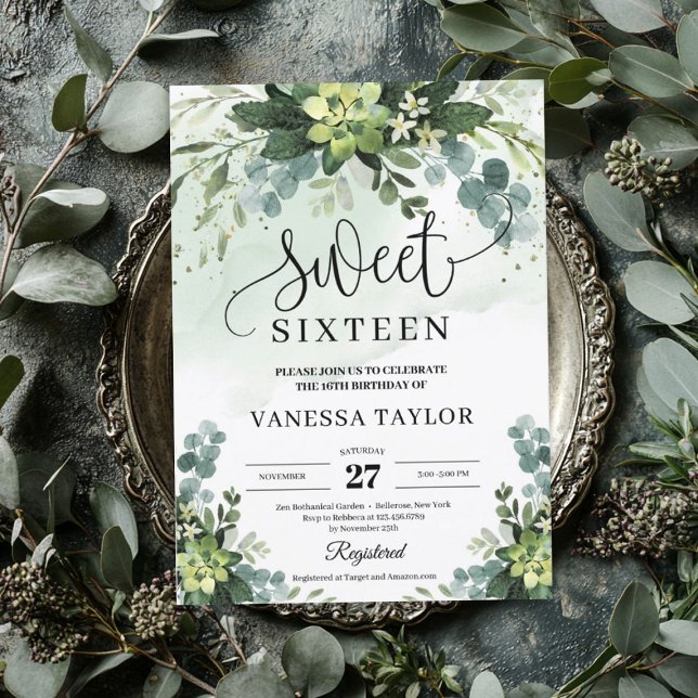 Invitation Végétation rustique sweet sixteen de fleurs succul (Rustic greenery succulent flowers sweet sixteen invitation)