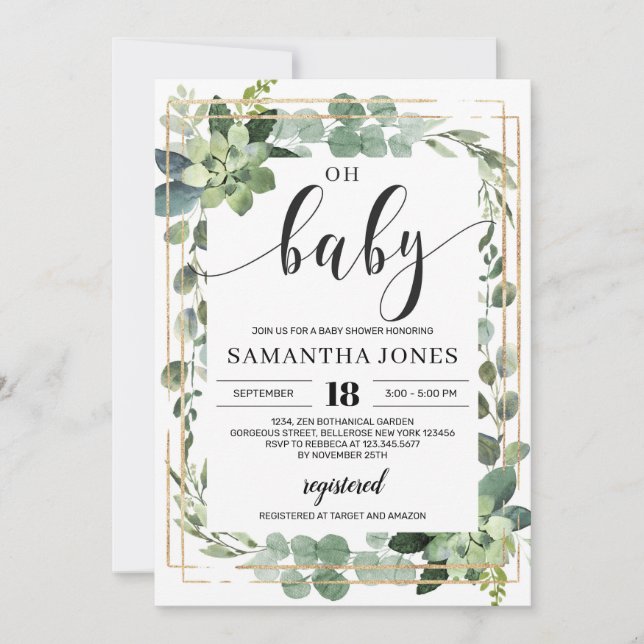 Invitation Végétation tendance succulent floral oh baby showe (Devant)