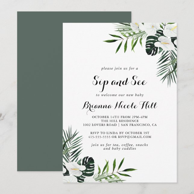Invitation Végétation tropicale Sip floral blanc et voir (Devant / Derrière)
