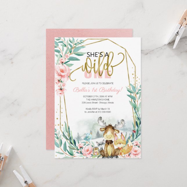 Invitation Végéty Woodland She's A Wild One First Birthday (Devant/Arrière en situation)