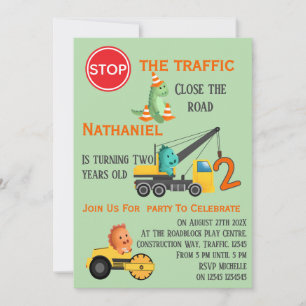 Invitation Véhicule de construction de dinosaure 2e fête d'an