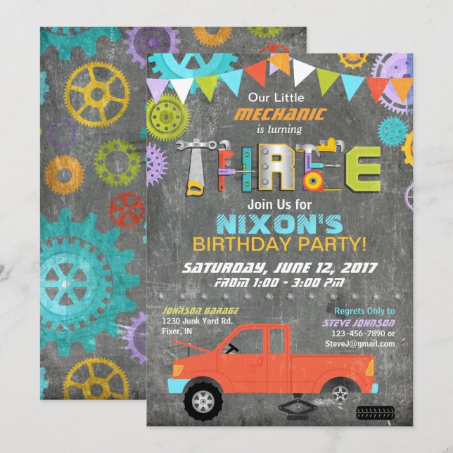 Invitation Véhicule Mécanique Gears Tools Chalkboard Annivers (Devant / Derrière)