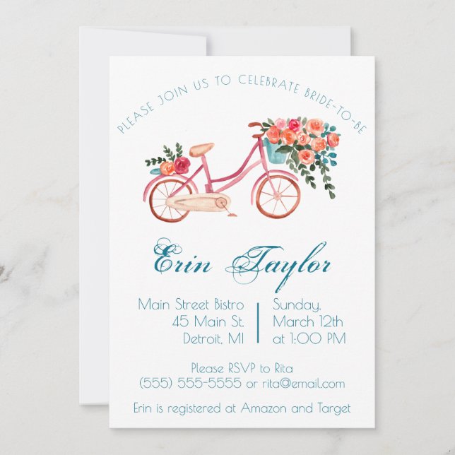 Invitation Vélo à aquarelle rose Fête des mariées florale (Devant)