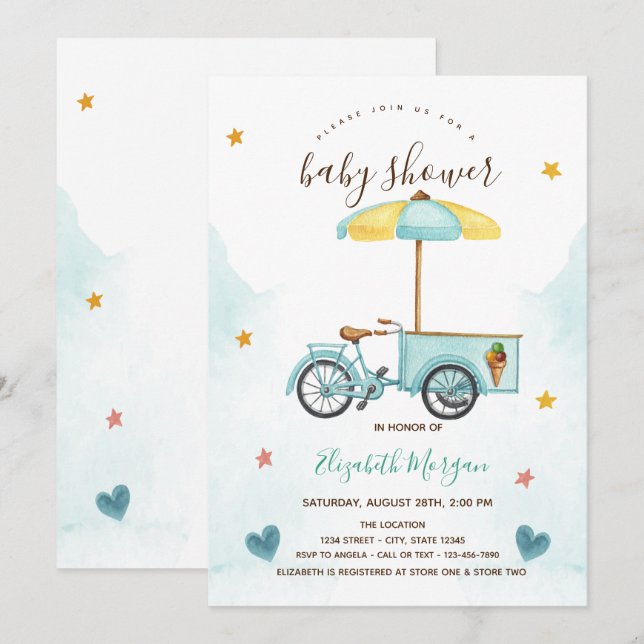 Invitation Vélo à glace à crème rose Baby shower rayé (Devant / Derrière)