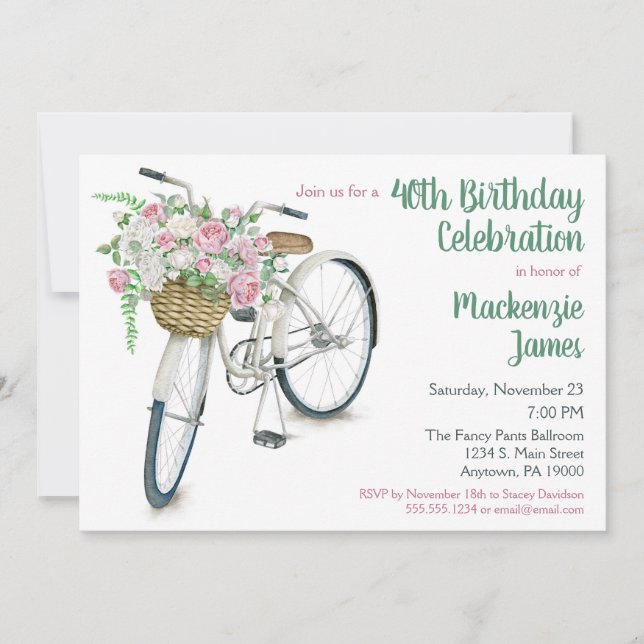 Invitation Vélo Floral Anniversaire Roses d'invitation (Devant)