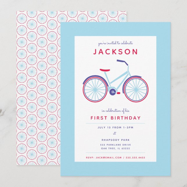 Invitation Vélo moderne Bleu et Rouge Anniversaire (Devant / Derrière)