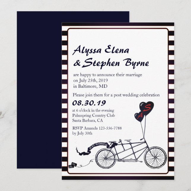 Invitation Vélo Tandem Romantique Réception de Mariage Post-C (Devant / Derrière)