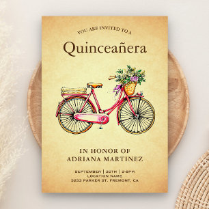 Invitation Vélo vintage rose floral Quinceanera